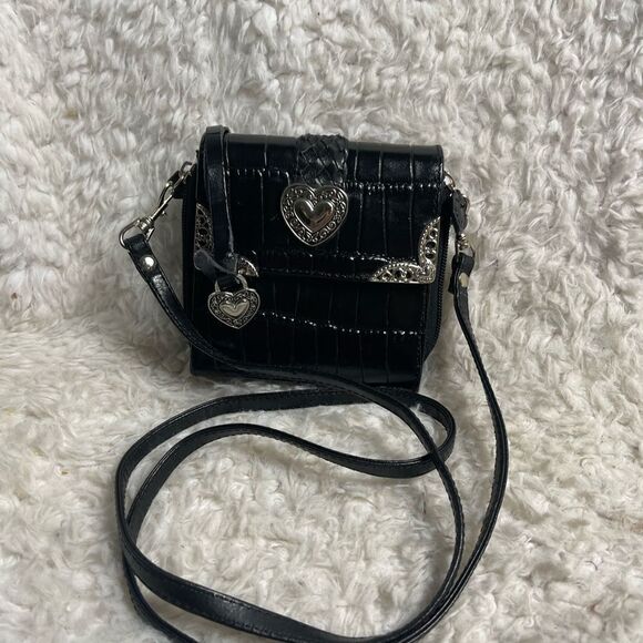 No Brand Handbags - Vintage leather Black croc prints crossbody bi fold purse.silver tone accents.